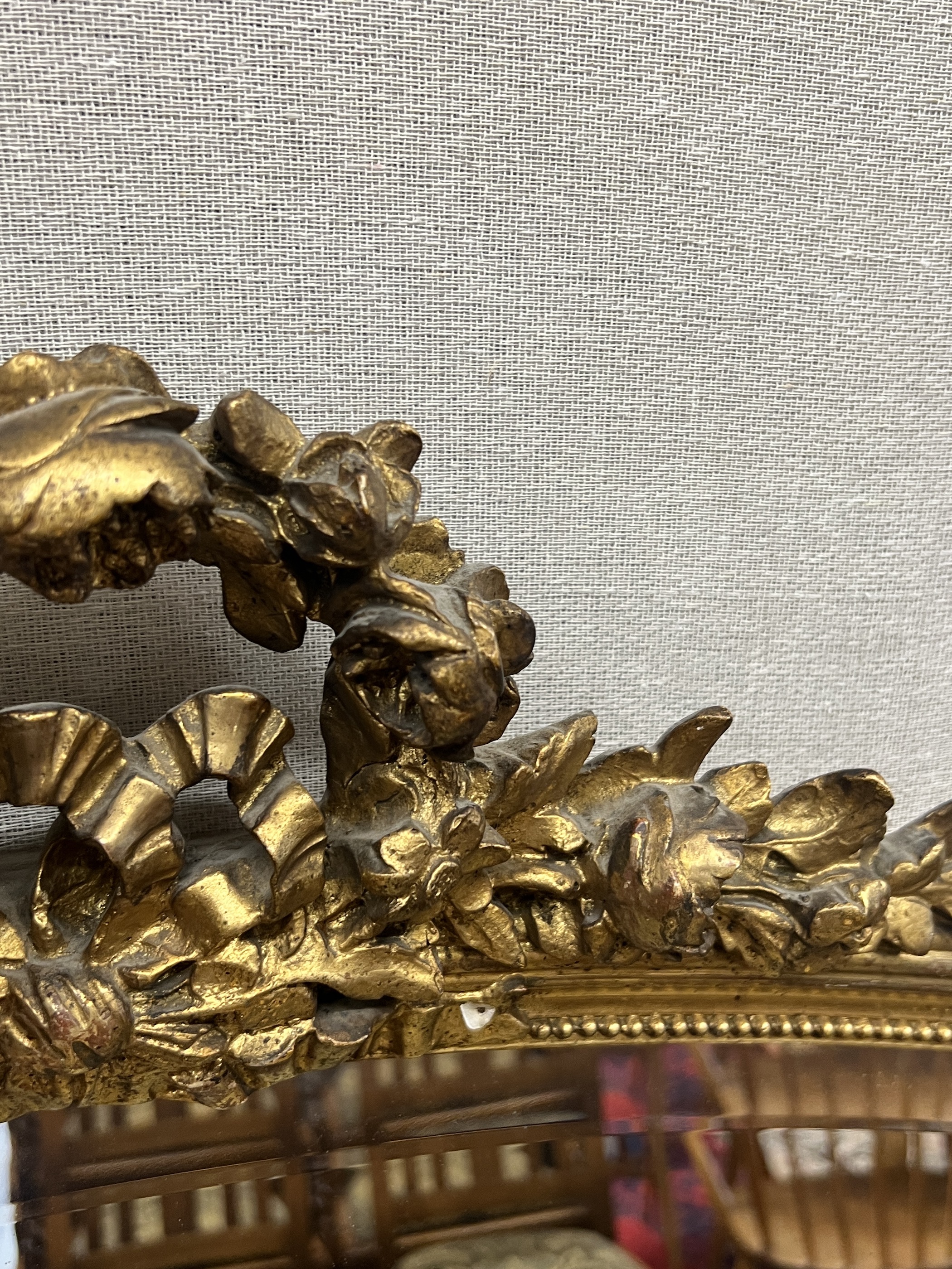 A 19th century French giltwood and composition overmantel mirror, width 85cm, height 132cm